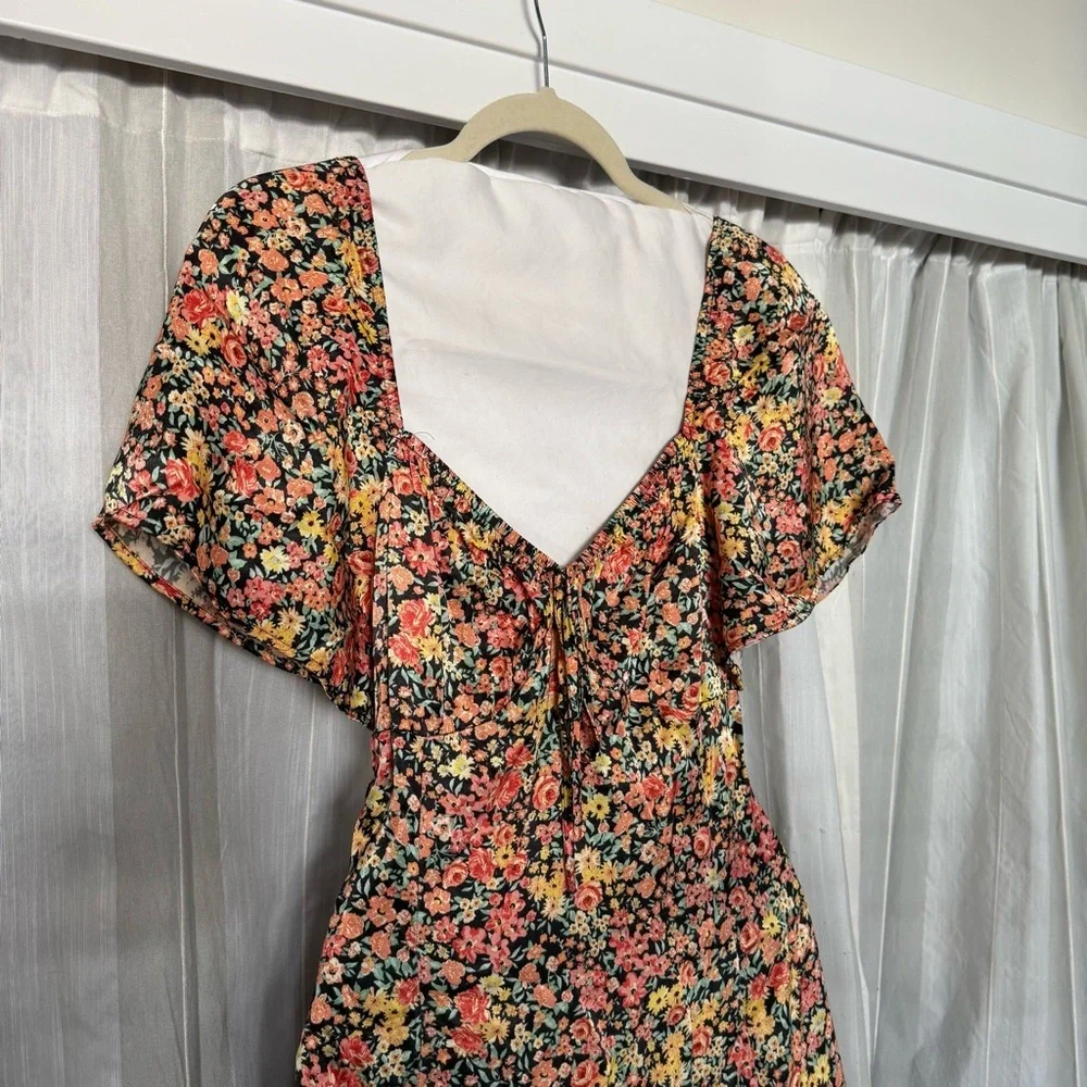 Topshop Satin Floral Sweetheart Midi Dress Black Multi US 10 - Picture 3 of 11